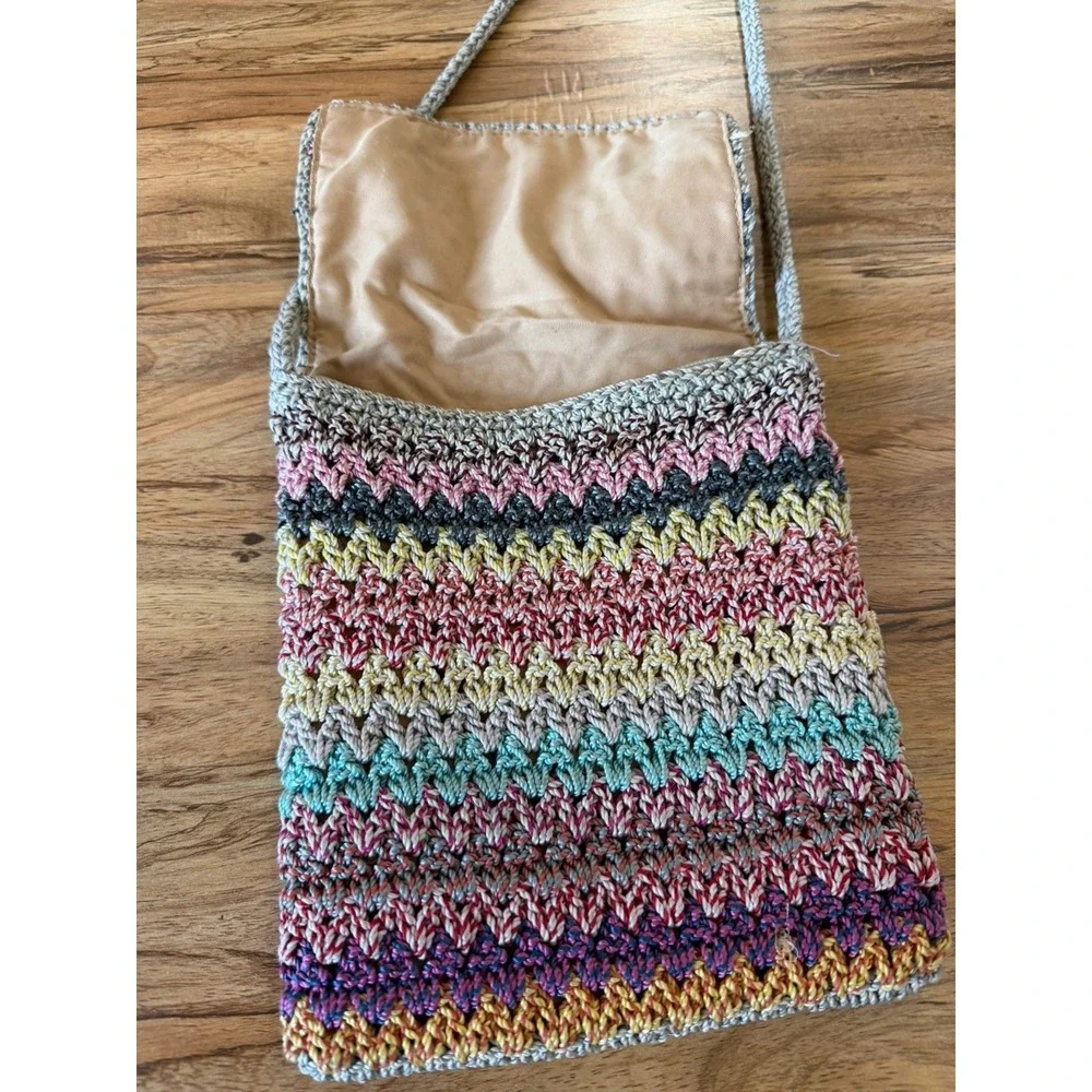 The Sak Rainbow Stripe Crochet Crossbody Boho Bag Vtg Fall Harvest Earth Tones